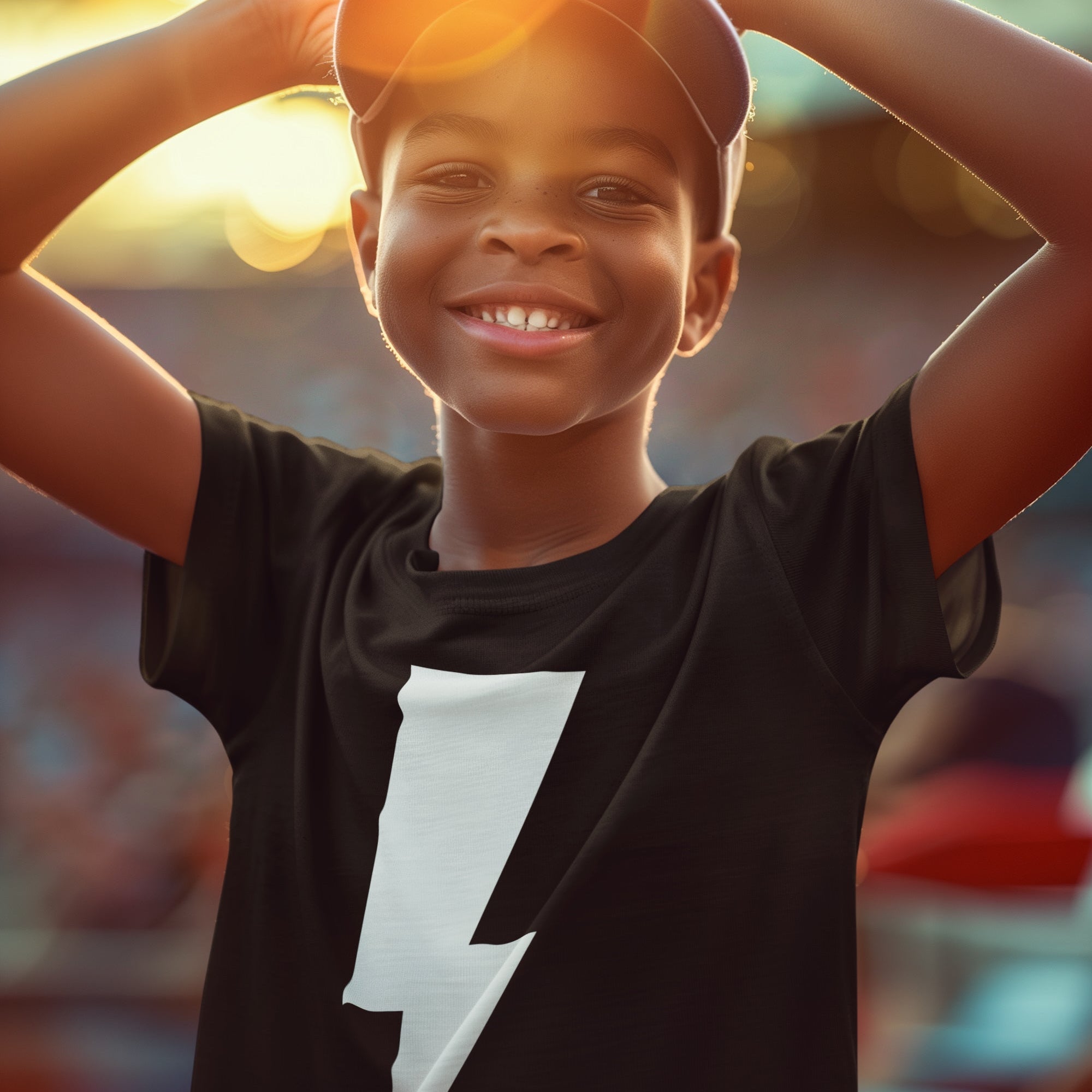 Child wearing a black t-shirt with a white design, standing outdoors with a blurred background