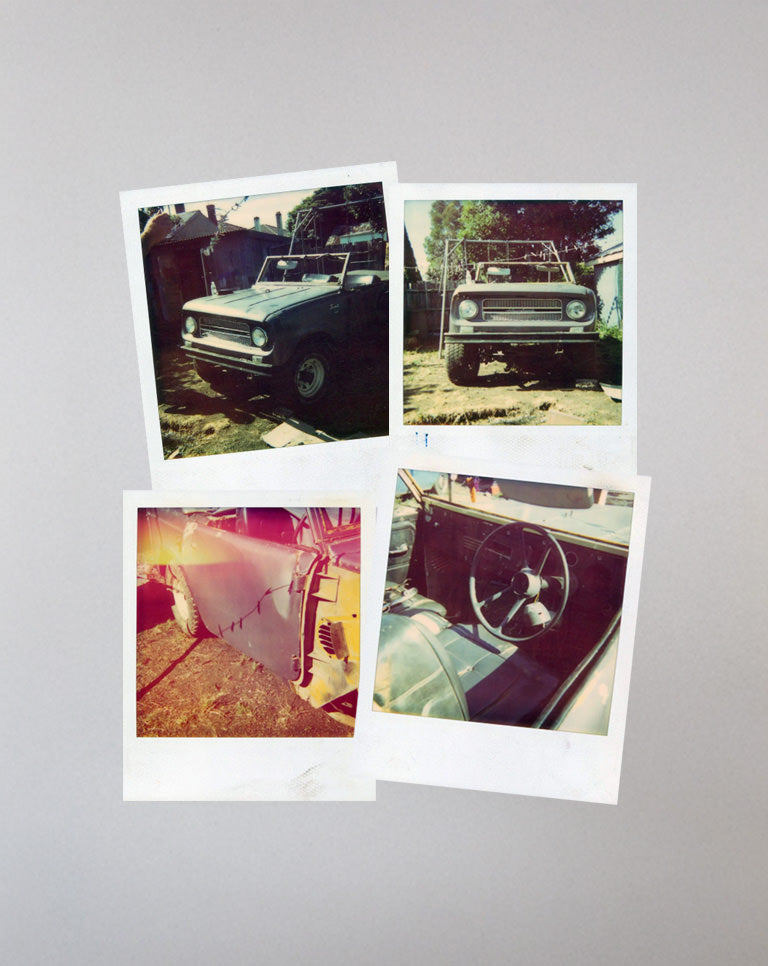 Collage of vintage Polaroid photos of a classic car on a gray background