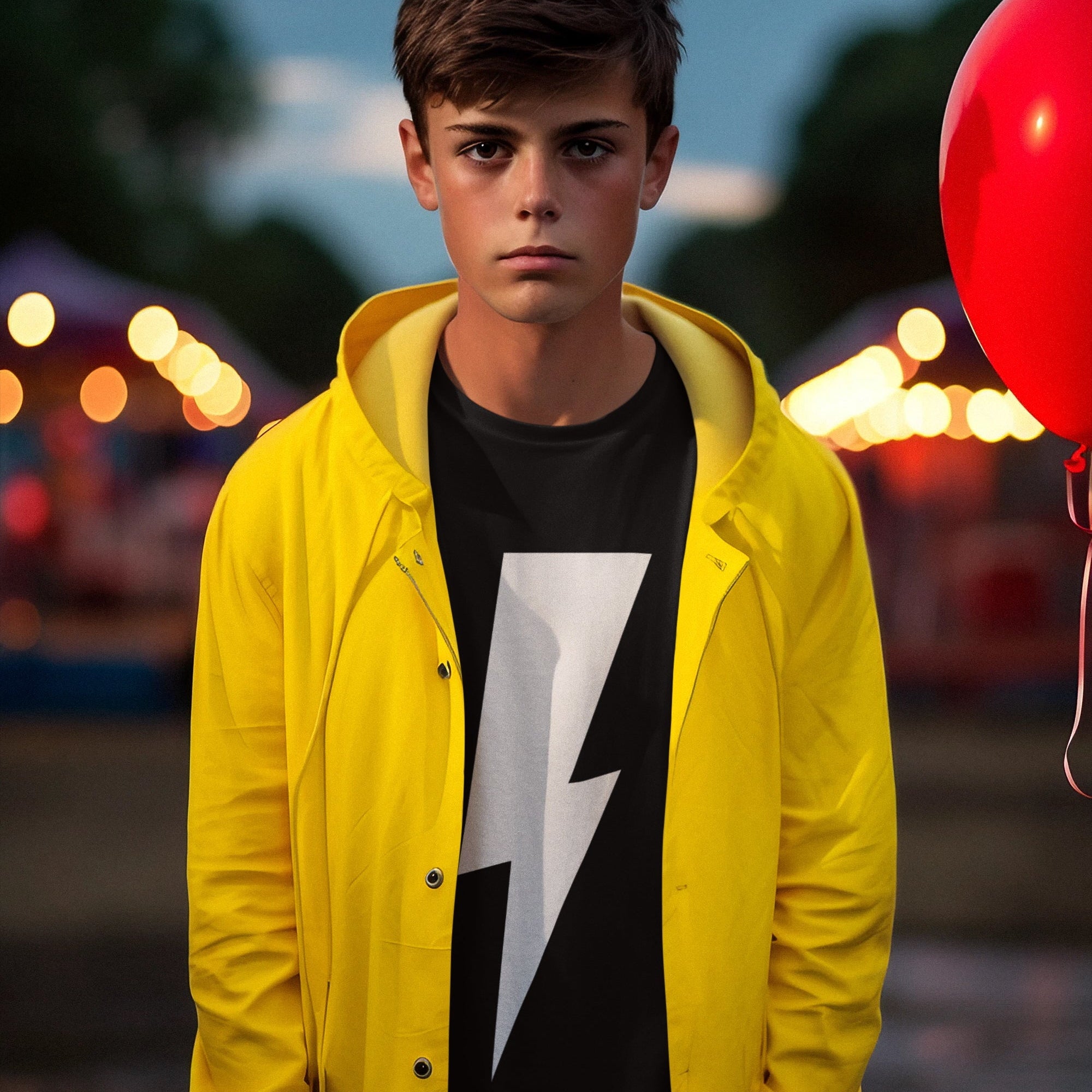 Person wearing a yellow raincoat with a black shirt featuring a white lightning bolt design, standing in front of a blurred carnival background.